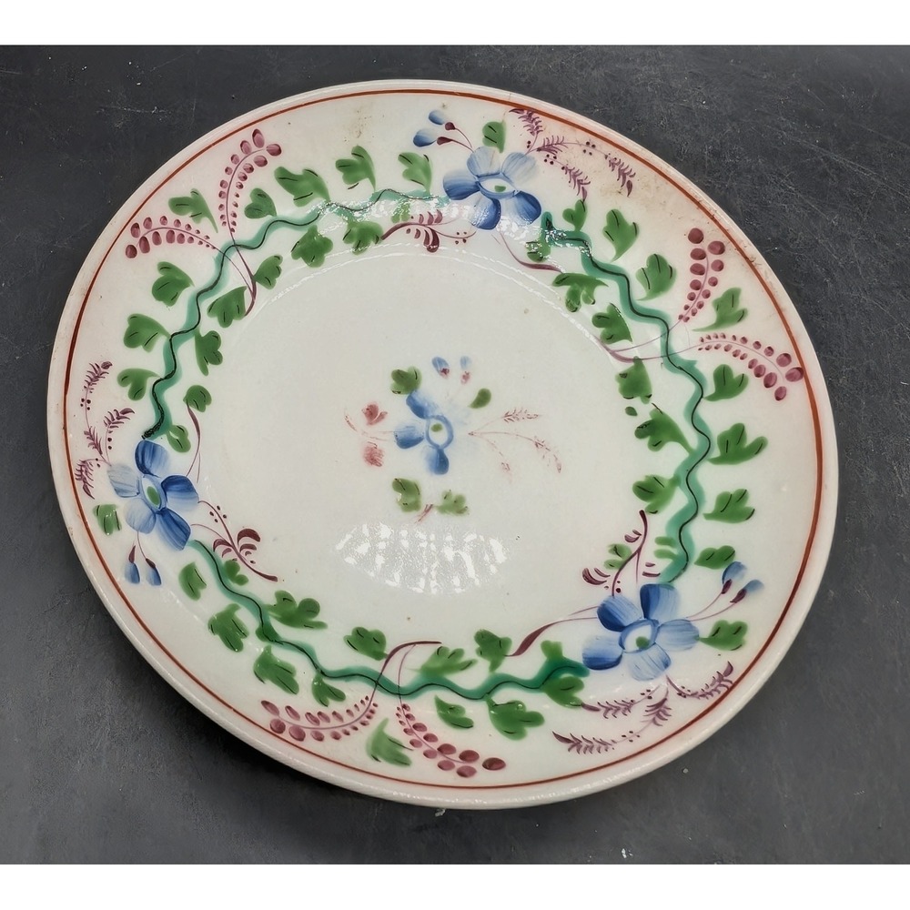 Antique Gaudy Welsh Ironstone Plate Hand Painted Blue Floral Vine Shallow Bowl